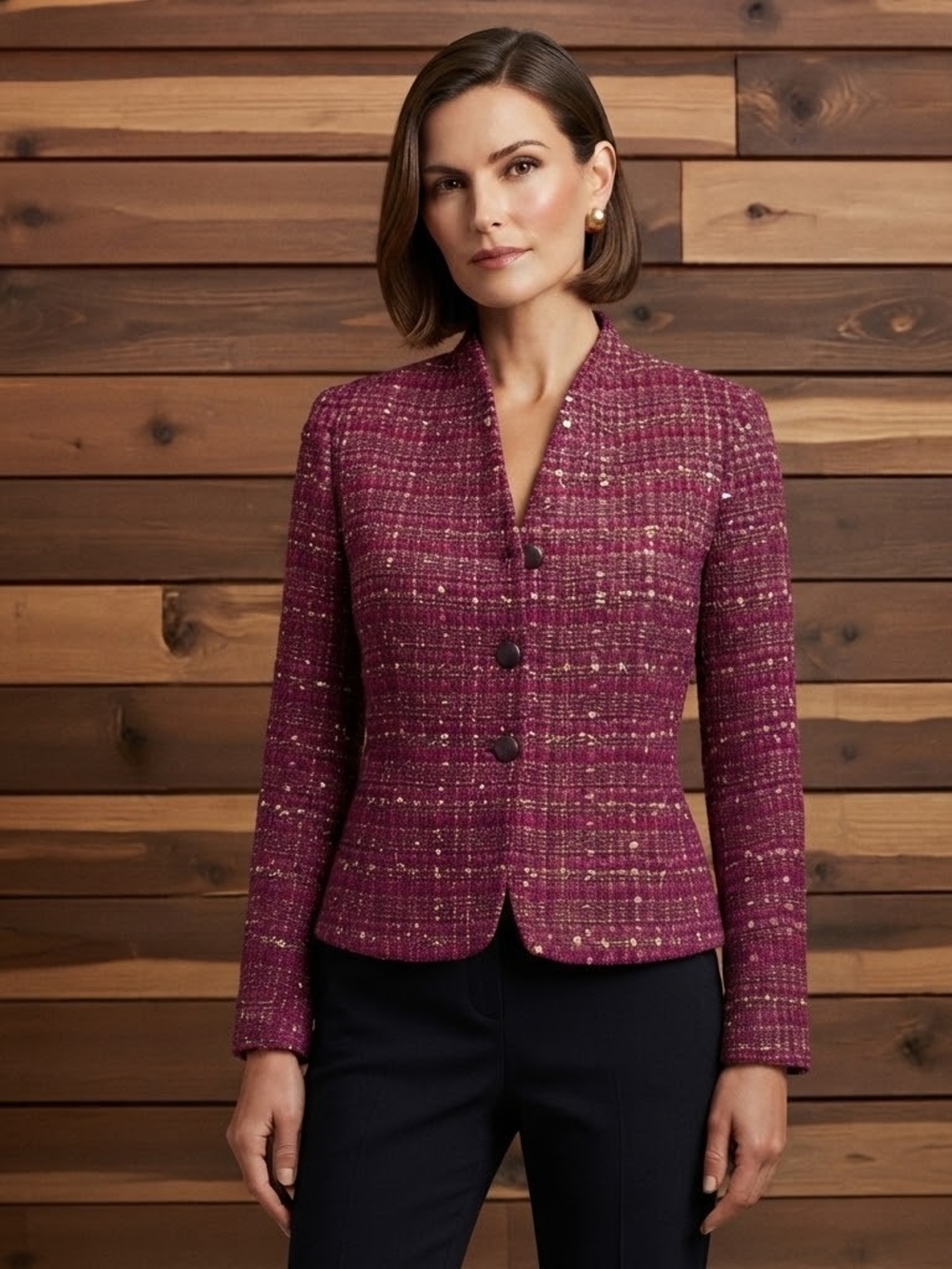 Le Suit Plum Textured Tweed Blazer Sise 4 Petite